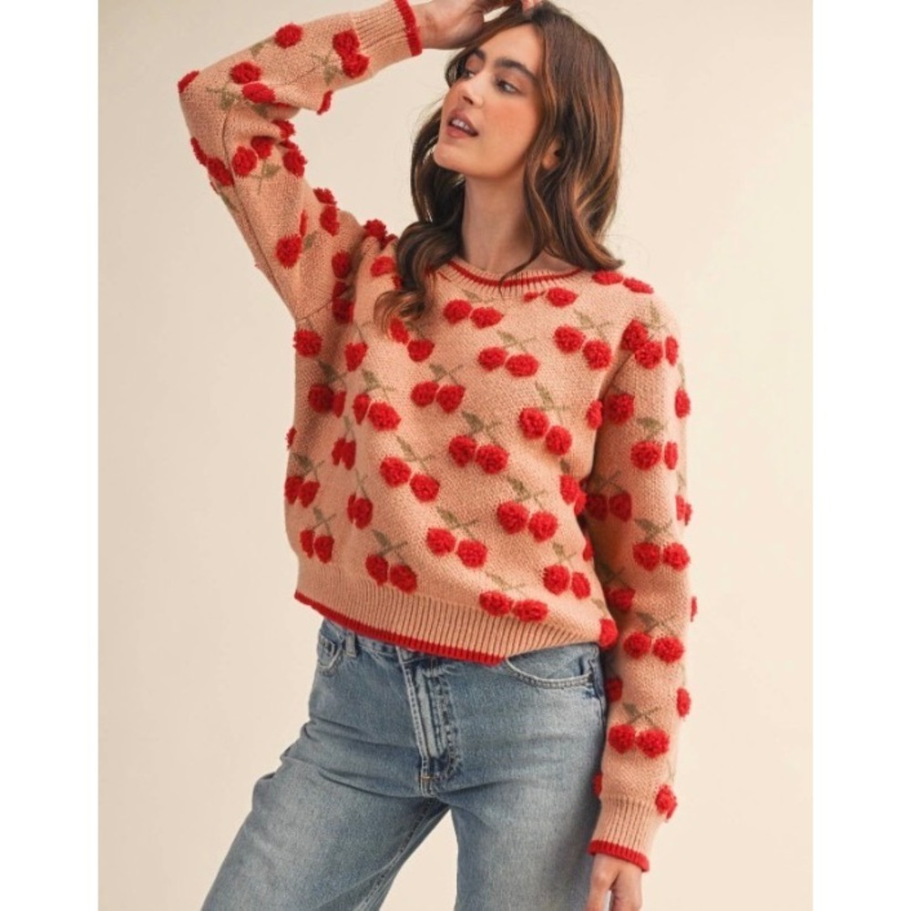 &merci Cherry Print Sweater Womens Small Tan Red Fuzzy Pom Pom Coquette Cottage - Picture 3 of 11